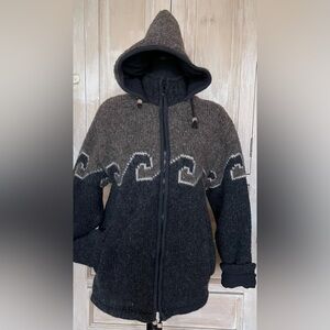 Handmade Nepal Wool Hooded Zip Jacket Boho Geometric Pattern Fleece Lined S-M